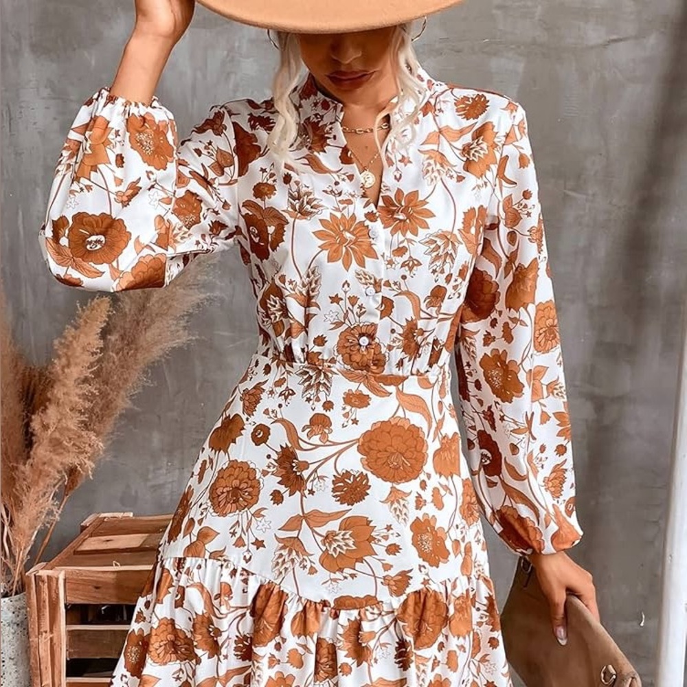 NWOT Floral Print Dress Lantern Sleeve Ruffle Hem White & Brown Size Large